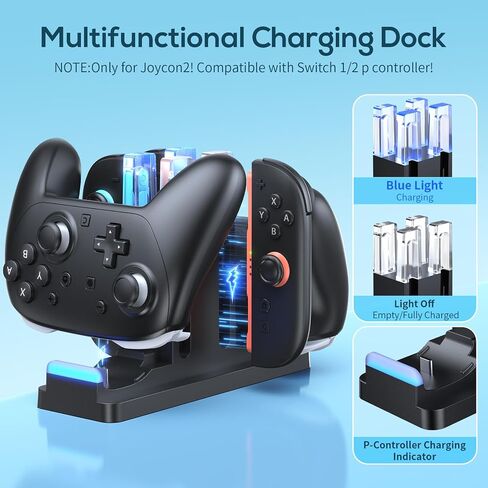 KINWIN Switch 2 Controller Charging Dock for Joypad 2 & Pro Controlle 2/1 | 6 in 1 Fast Joypad Charger Stand & Orgnizer Station for Joypad 2 & Pro Controller 1/2 , LED Indicator, USB Chraging Cable in Kuwait