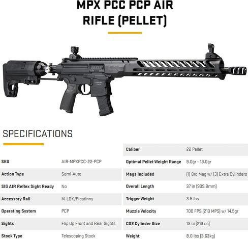 SIG SAUER MPX PCC PCP .22 كال بندقية هوائية نصف آلية | أسطوانة هواء منظمة 13ci/3000 PSI، مجلة تقدم تلقائي ذات 8 جولات، سكة Picatinny، مشاهد قابلة للطي in Kuwait