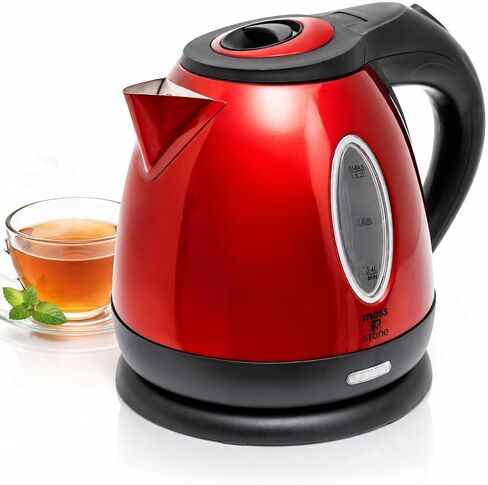 Moss & Stone Red Stainless Steel Electric Kettle, 1.2L Cordless 1500W | Small, portable hot water tea kettle, fast boiling pot, boil-dry protection, auto shut-off, blue Illuminate LED light in Kuwait