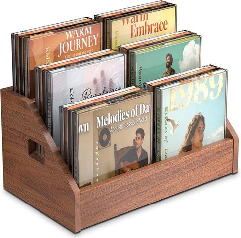 3 Tier CD Holder,Wood CD Storage Rack,CD/DVD Display Stand | Holds 24 Jewel Cases,CD Organizer with Handles for CD DVD Cassettes Tapes,Rustic Brown for Home Office & Music Lovers in Saudi Arabia