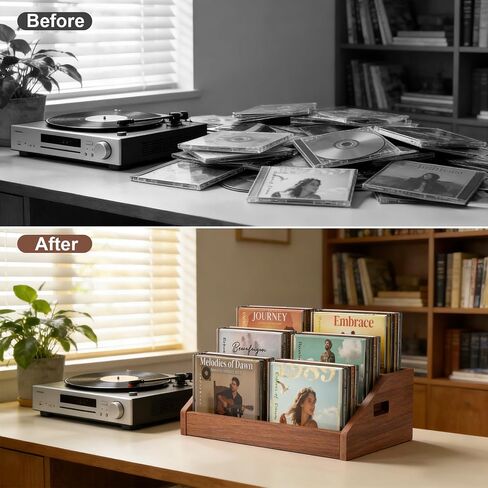 3 Tier CD Holder,Wood CD Storage Rack,CD/DVD Display Stand | Holds 24 Jewel Cases,CD Organizer with Handles for CD DVD Cassettes Tapes,Rustic Brown for Home Office & Music Lovers in Saudi Arabia