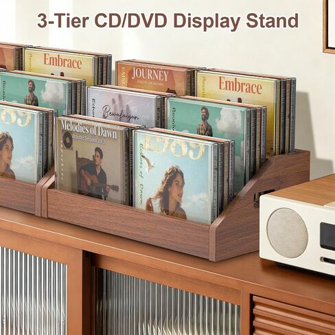 3 Tier CD Holder,Wood CD Storage Rack,CD/DVD Display Stand | Holds 24 Jewel Cases,CD Organizer with Handles for CD DVD Cassettes Tapes,Rustic Brown for Home Office & Music Lovers in Saudi Arabia