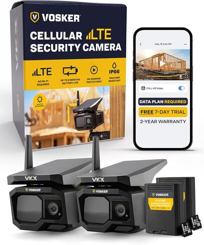 Vosker VKX Solar Powered 4G-LTE Outdoor Cellular Security Camera - No WiFi Needed, Motion Activated, Night Vision, SIM Card Included, IP65 Weather-Resistant, Photos & 15s Video Requests (2 Pack) in Saudi Arabia
