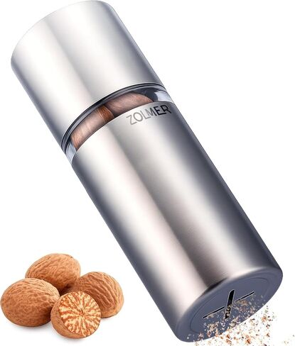 Spice Grinder with Storage Container for Fine Nutmeg Powder - SIlver | Extra-sharp stainless steel mechanism for whole nutmeg, manual and compact for kitchen or table in Saudi Arabia
