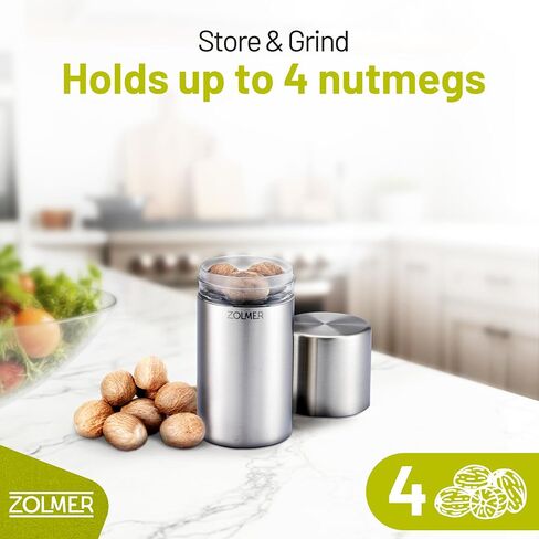 Spice Grinder with Storage Container for Fine Nutmeg Powder - SIlver | Extra-sharp stainless steel mechanism for whole nutmeg, manual and compact for kitchen or table in Saudi Arabia