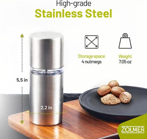 Spice Grinder with Storage Container for Fine Nutmeg Powder - SIlver | Extra-sharp stainless steel mechanism for whole nutmeg, manual and compact for kitchen or table in Saudi Arabia
