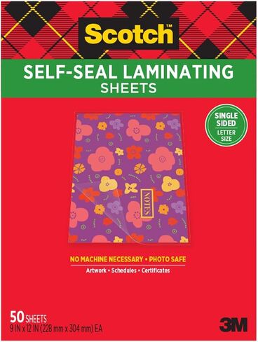 Scotch Self-Seal Laminating Sheets, Letter Size 9 in x 12 in, Single Sided, Pack of 50 in Kuwait