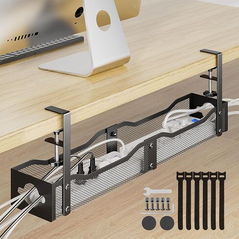 DELAMU 25'' Upgraded No Drilling Under Desk Cable Management Tray, Black | Under Desk Cable Management, Extra-Long, No Tools Required Installation, Height-adjustable, Home Office Gaming Accessories in Saudi Arabia