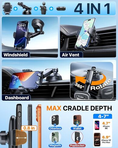 【2026 Best & Military-Grade】 360° Rotatable Suction Car Phone Holder Mount | 【100+LBS Safest Strongest & Patent Certs】Dashboard Windshield Vent Truck Stand for iPhone 17 16 Pro Max Samsung, Matt Black in Saudi Arabia