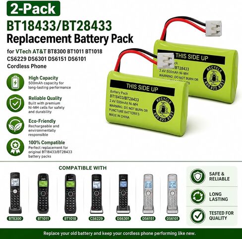 2-Pack BT18433/BT28433 Replacement Battery Pack for VTech AT&T BT8300 BT1011 BT1018 CS6229 DS6301 DS6151 DS6101 Cordless Phone Handset System in Kuwait