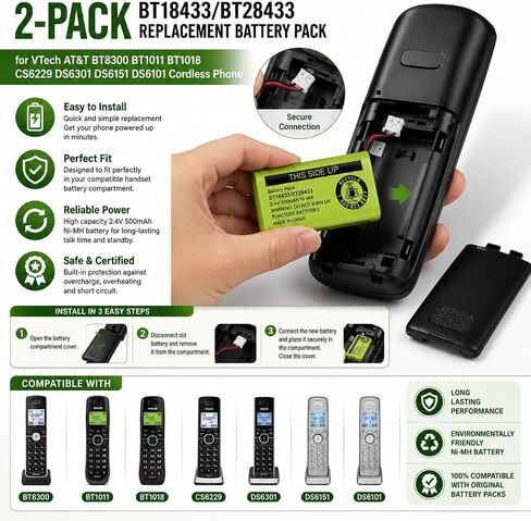 2-Pack BT18433/BT28433 Replacement Battery Pack for VTech AT&T BT8300 BT1011 BT1018 CS6229 DS6301 DS6151 DS6101 Cordless Phone Handset System in Kuwait