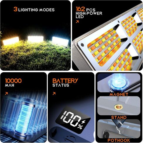 Portable Rechargeable LED Work Light with Tripod Stand, 10000mAh Battery Powered Dimmable Cordless Megnetic Camping Lamps for Sports/Car /Emergency/Garage/Fish in Saudi Arabia
