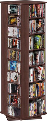 LELELINKY DVD Storage Shelf,Rotating DVD Rack w/Adjustable Shelves, Walnut | 4-Sided Media Tower with Adjustable Shelves for CDs, DVDs, Blu-Ray, Video Games, Books and Collectibles in Saudi Arabia