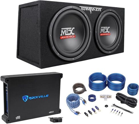حزمة التوفير الصوتي: MTX TNE212D Dual 12 1200W 2-Ohm Subwoofers + حزمة صندوق فرعي مغلق مع مضخم صوت السيارة Rockville dB12 2000W Mono 2-Ohm ومجموعة أسلاك التثبيت RWK41 Amp مع RCA's (3 عناصر) in Kuwait