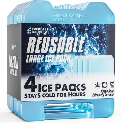 Everlasting Ice RX Large Reusable Ice Packs for Cooler with Handle (4 Pack) Long Lasting Coolness, BPA Free, Freezer Packs for Extended Cooling | Cooler Ice Packs for Camping, Fishing, Hiking, Beach in Saudi Arabia