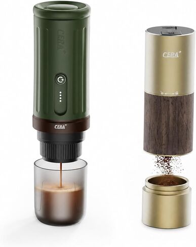 CERA+ Portable Espresso Maker & Grinder Bundle, Travel Coffee Set | Forest green espresso maker with champagne gold grinder for fresh-ground coffee and a premium nature-inspired style. in Saudi Arabia