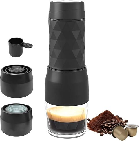 Manual Espresso Maker for Camping & Travel, Portable Hand‑Pump Coffee Machine with Built‑In Cup, 2‑in‑1 Compatible with Ground Coffee & Nes Original Pods, Single‑Serve Outdoor Coffee Maker in Saudi Arabia