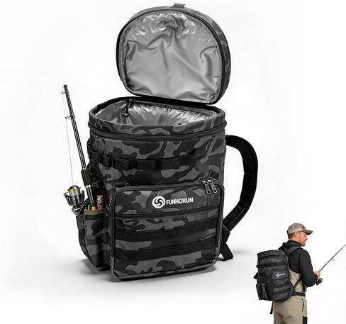 FUNHORUN Fishing Bucket Organizer for 5 Gallon Bucket, Fishing Tackle Bag | With Backpack Straps, Detachable Lid & Multi-Pockets for Storage, Full Water-Resistant (Bucket, Seat & Tools Not Included) in Saudi Arabia