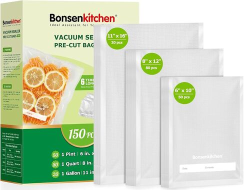 Bonsenkitchen Vacuum Sealer Bags, Commercial Grade, BPA Free | 20 Gallon 11" x 16"+ 80 Quart 8" x 12"+ 50 Pint 6" x 10", Food Sealer Bags for Vac Storage, Meal Prep or Sous Vide Cooking in Kuwait