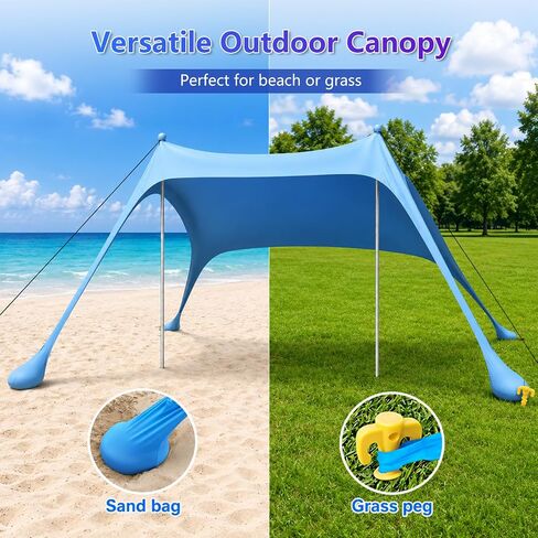 Beach Tent Sun Shelter, UPF50+ Beach Canopy with Beach Mat, 6.5x6.5FT Beach Shade Easy to Set Up, Sun Canopy with Carry Bag, Windproof Rope, for Camping Trips, Fishing, Backyard Fun Picnics, Sky Blue in Saudi Arabia