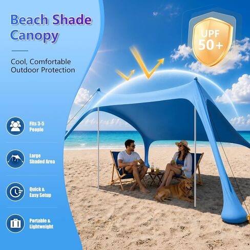 Beach Tent Sun Shelter, UPF50+ Beach Canopy with Beach Mat, 6.5x6.5FT Beach Shade Easy to Set Up, Sun Canopy with Carry Bag, Windproof Rope, for Camping Trips, Fishing, Backyard Fun Picnics, Sky Blue in Saudi Arabia