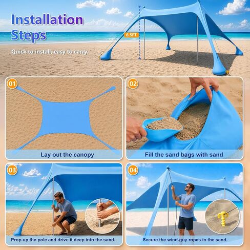 Beach Tent Sun Shelter, UPF50+ Beach Canopy with Beach Mat, 6.5x6.5FT Beach Shade Easy to Set Up, Sun Canopy with Carry Bag, Windproof Rope, for Camping Trips, Fishing, Backyard Fun Picnics, Sky Blue in Saudi Arabia
