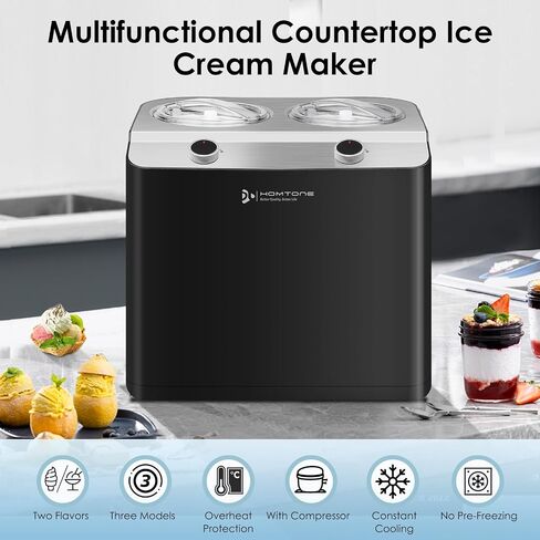 Homtone 2 Flavor Ice Cream Maker,Automatic Compressor Ice Cream Maker Machine with 2 Bowls,2.6QT (2 x 1.3qt) Largest Capacity & Fastest Freezing Ice Cream Machine, 3 Modes, Keep Cool Function in Saudi Arabia