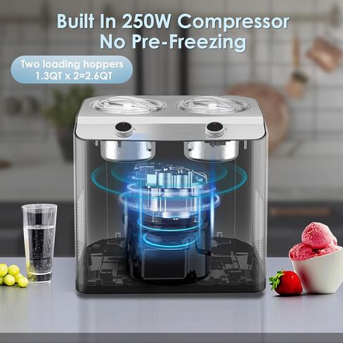 Homtone 2 Flavor Ice Cream Maker,Automatic Compressor Ice Cream Maker Machine with 2 Bowls,2.6QT (2 x 1.3qt) Largest Capacity & Fastest Freezing Ice Cream Machine, 3 Modes, Keep Cool Function in Saudi Arabia