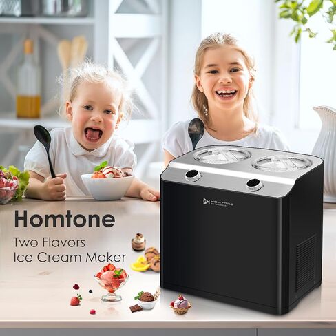 Homtone 2 Flavor Ice Cream Maker,Automatic Compressor Ice Cream Maker Machine with 2 Bowls,2.6QT (2 x 1.3qt) Largest Capacity & Fastest Freezing Ice Cream Machine, 3 Modes, Keep Cool Function in Saudi Arabia