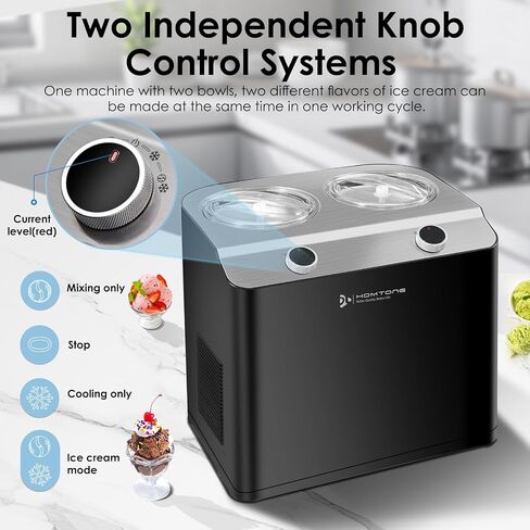 Homtone 2 Flavor Ice Cream Maker,Automatic Compressor Ice Cream Maker Machine with 2 Bowls,2.6QT (2 x 1.3qt) Largest Capacity & Fastest Freezing Ice Cream Machine, 3 Modes, Keep Cool Function in Saudi Arabia