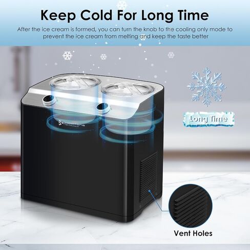 Homtone 2 Flavor Ice Cream Maker,Automatic Compressor Ice Cream Maker Machine with 2 Bowls,2.6QT (2 x 1.3qt) Largest Capacity & Fastest Freezing Ice Cream Machine, 3 Modes, Keep Cool Function in Saudi Arabia