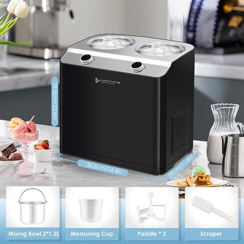 Homtone 2 Flavor Ice Cream Maker,Automatic Compressor Ice Cream Maker Machine with 2 Bowls,2.6QT (2 x 1.3qt) Largest Capacity & Fastest Freezing Ice Cream Machine, 3 Modes, Keep Cool Function in Saudi Arabia