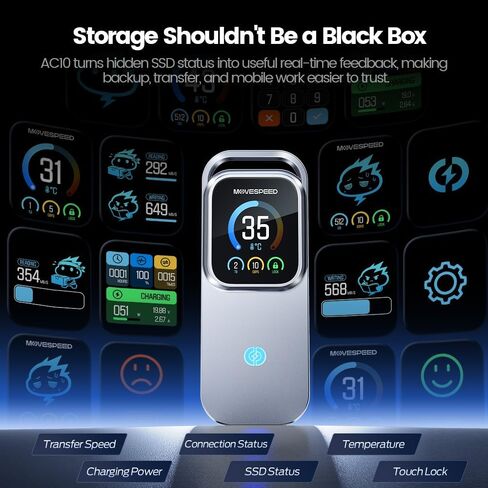 MOVE SPEED AC10 Smart Touchscreen SSD Enclosure, 10Gbps USB-C M.2 SSD Case with Real-Time Speed, Temperature, Charging Power Display, Touch Lock, 100W PD, Up to 8TB, Supports 2230/2242/2260/2280 SSD in Saudi Arabia