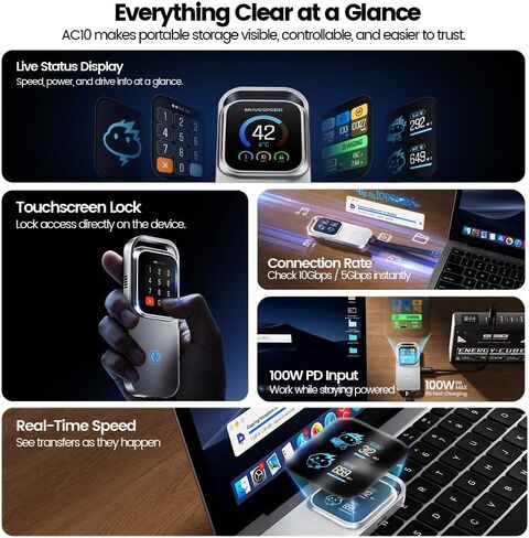 MOVE SPEED AC10 Smart Touchscreen SSD Enclosure, 10Gbps USB-C M.2 SSD Case with Real-Time Speed, Temperature, Charging Power Display, Touch Lock, 100W PD, Up to 8TB, Supports 2230/2242/2260/2280 SSD in Saudi Arabia