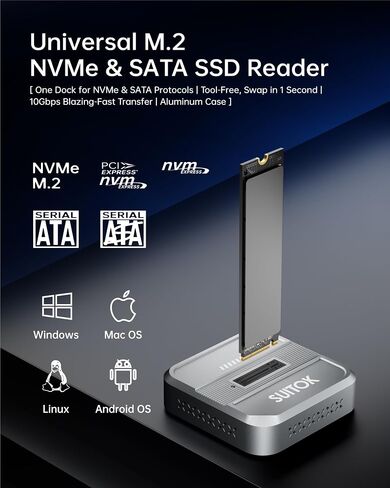 M.2 NVMe SATA SSD Reader with Protective Case 10Gbps Triple Cooling | M2 to USB C Adapter for External PCIE NGFF Drive, Tool-Free Dock Support 22110 2280 2260 2242 2230, Data Transfer & Recovery in Saudi Arabia