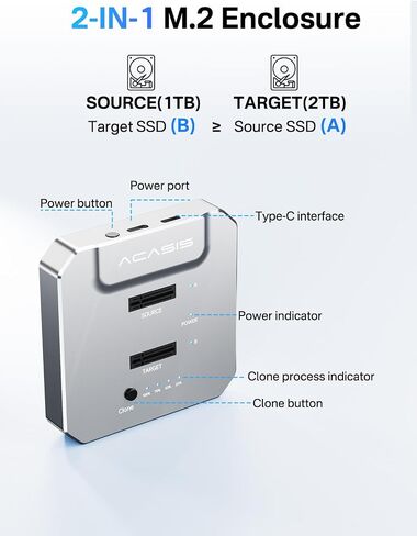 ACASIS 20Gbps M.2 NVMe SSD Cloner & Docking Station, Dual-Bay Duplicator | Offline Cloning • Aluminum Heat Dissipation • Tool-Free Installation • PCIe NVMe M-Key Support • USB Adapter Design in Saudi Arabia