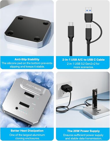 ACASIS 20Gbps M.2 NVMe SSD Cloner & Docking Station, Dual-Bay Duplicator | Offline Cloning • Aluminum Heat Dissipation • Tool-Free Installation • PCIe NVMe M-Key Support • USB Adapter Design in Saudi Arabia