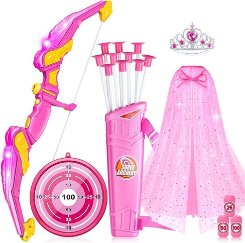 Kids Bow and Arrow Set for Girls, Light Up Archery Bow with Princess Cape | 10 Suction Cup Arrows, Indoor and Outdoor Play Birthday Gift Toy for Kids Girls (Pink) in Saudi Arabia