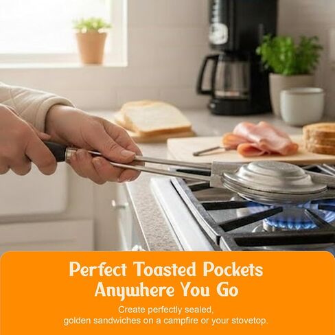 Handheld Sandwich Maker, Classic Sandwich Grill & Panini Press, Cast Aluminum Pie Iron, Retro 1945 Stovetop & Campfire Toaster for Hot Sandwiches, Pies, Paninis, RV & Camping in Kuwait