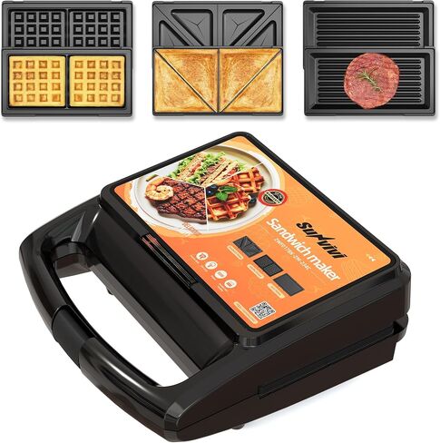 3 in 1 Electric Sandwich Maker with Removable Nonstick Plates - 1000W,Black | for Belgian Waffle/Panini/Grill/Pancake Griddle/Breakfast,Dishwasher Safe,Cool Touch Handle,Easy to Clean & Store in Saudi Arabia