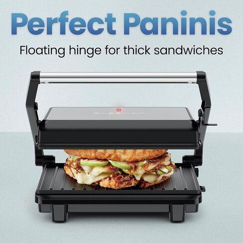 Chefman Panini Press, Indoor Grill and Gourmet Sandwich Maker, Nonstick Plates Open 180 Degrees, Floating Hinge for Thick Bread and Rolls, Stainless-Steel Finish with LED Indicators, 2 Slice - Black in Saudi Arabia