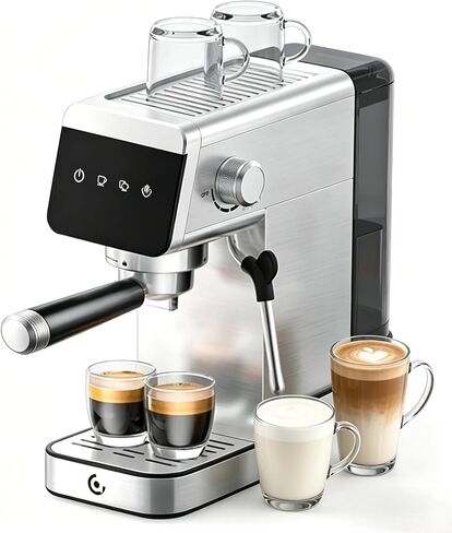 AMZCHEF 20 Bar Compact Home Espresso Coffee Machine, Matte Silver | LED Touch Screen, Auto Milk Frother, Stainless Steel Body, Makes Latte & Cappuccino, Ideal for Coffee Beginners in Saudi Arabia