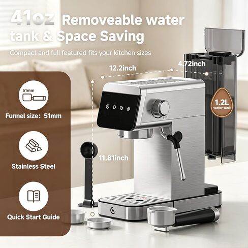 AMZCHEF 20 Bar Compact Home Espresso Coffee Machine, Matte Silver | LED Touch Screen, Auto Milk Frother, Stainless Steel Body, Makes Latte & Cappuccino, Ideal for Coffee Beginners in Saudi Arabia