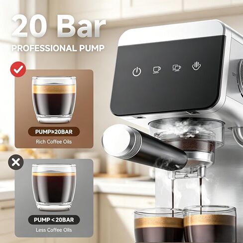 AMZCHEF 20 Bar Compact Home Espresso Coffee Machine, Matte Silver | LED Touch Screen, Auto Milk Frother, Stainless Steel Body, Makes Latte & Cappuccino, Ideal for Coffee Beginners in Saudi Arabia