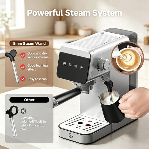AMZCHEF 20 Bar Compact Home Espresso Coffee Machine, Matte Silver | LED Touch Screen, Auto Milk Frother, Stainless Steel Body, Makes Latte & Cappuccino, Ideal for Coffee Beginners in Saudi Arabia
