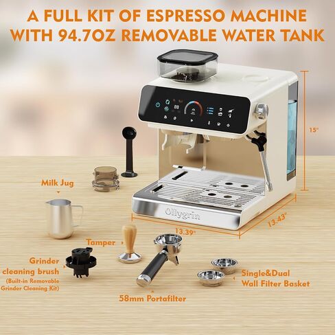Ollygrin Semi-Automatic Espresso Machine with Grinder, 2-in-1 Coffee Machine with Milk Frother, 20 Bar Pressure Coffee Maker, Removable Water Tank & Bean Hopper, Expresso Machine for Home Barista in Saudi Arabia