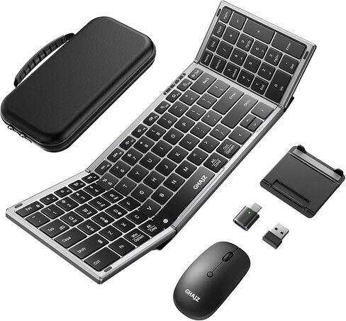 مجموعة لوحة مفاتيح وماوس محمولة قابلة للطي، اتصال بلوتوث×2+USB A+USB C(4 في 1)، قفل لوحة المفاتيح، تصميم صامت كامل الحجم قابل للطي لاسلكي قابل لإعادة الشحن للسفر/المنزل/المكتب - أسود رمادي in Kuwait