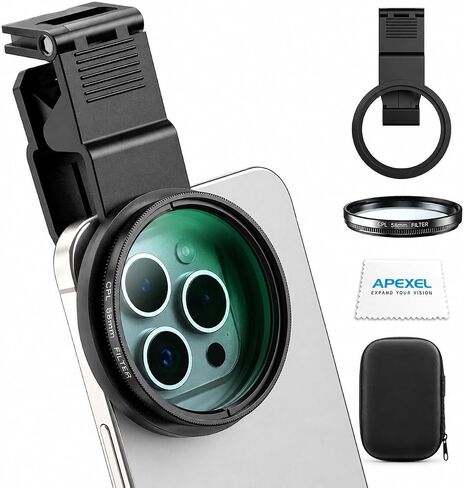 مرشح عدسة الهاتف APEXEL مقاس 58 مم CPL لهواتف iPhone وAndroid، يقلل الوهج ويعزز الألوان للصور ومقاطع الفيديو، مع مشبك عالمي وحلقة محول وحامل حذاء بارد in Kuwait