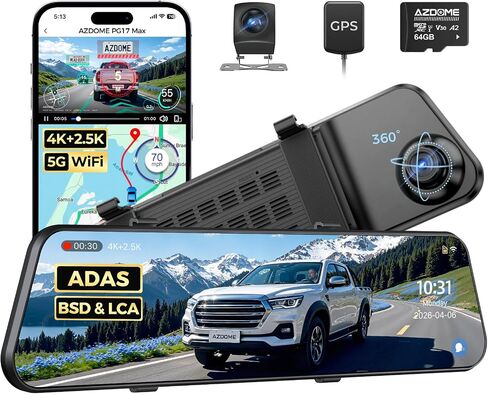 AZDOME PG17 Max 4K+2.5K Mirror Dash Cam Front and Rear, ADAS BSD LCA, 64GB | 12" Rear View Mirror Camera, App AR Effects, 24H Parking Monitor, Loop Recording, Voice Control, 5.8GHz WiFi, GPS, SD Card in Saudi Arabia