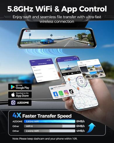AZDOME PG17 Max 4K+2.5K Mirror Dash Cam Front and Rear, ADAS BSD LCA, 64GB | 12" Rear View Mirror Camera, App AR Effects, 24H Parking Monitor, Loop Recording, Voice Control, 5.8GHz WiFi, GPS, SD Card in Saudi Arabia